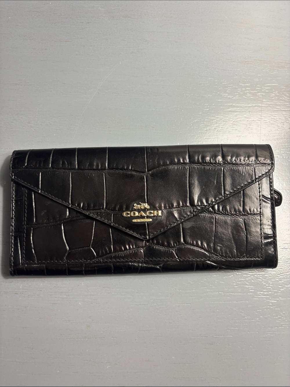 Coach Black Croc-Embossed Leather Envelope Wallet with Gold Logo
